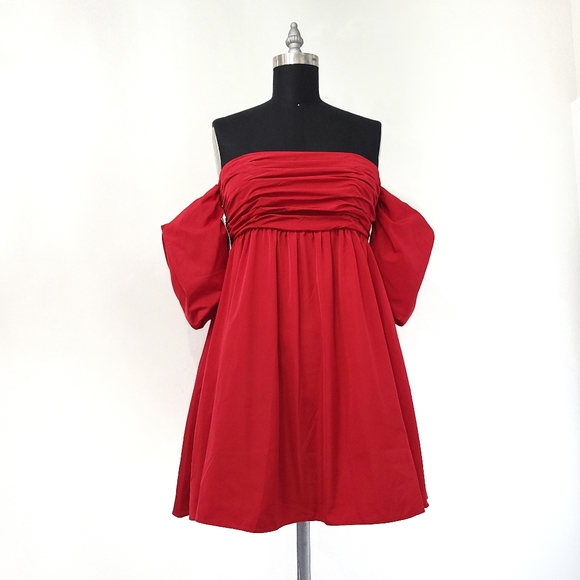 Free People Party Taffetta Red Corset Puff Sleeve Babydoll Mini Dress - Picture 2 of 8